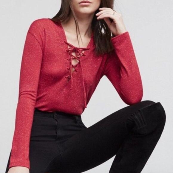 Reformation Lace Up Neck Silver Metallic Red Top - Picture 1 of 6